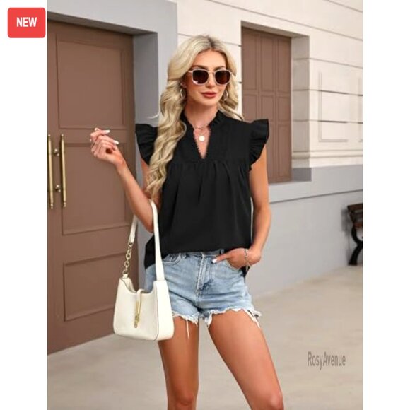 Loose Fit Ruffle Sleeve Lace Embroidered V Neck Blouse Tank Top - Picture 5 of 7